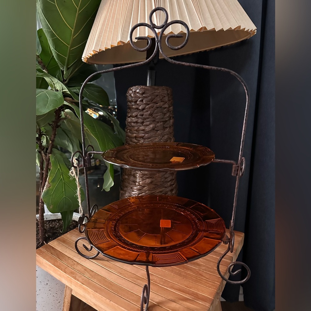 Vintage style Amber Glass Plates on Metal Stand